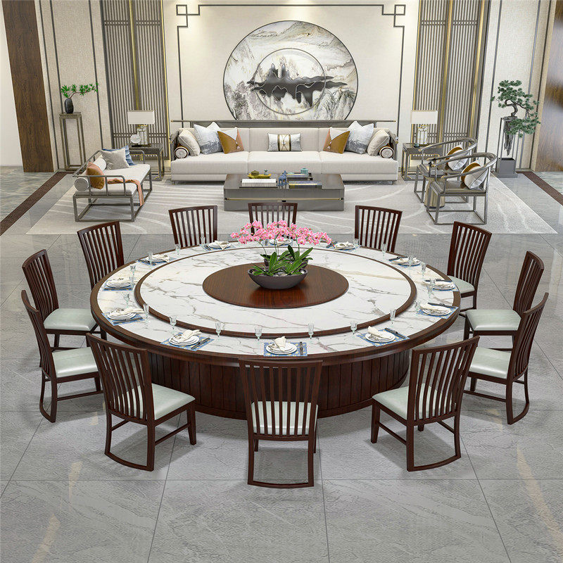 New Chinese hotel dining room table hotel solid wood electric big round table 15 people 20 people's club dining room with hot pot table and chairs