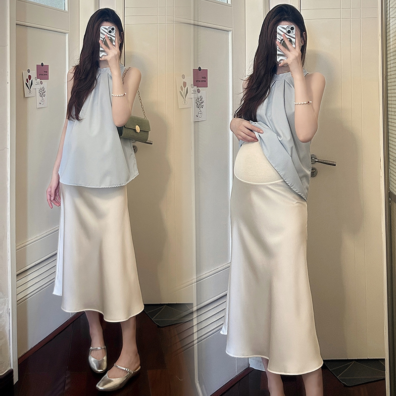 Maternity Wear Set, Summer Fashionable Fishtail Skirt, Age-Reducing Short-Sleeved Design Top + Belly-Supporting Skirt Two-Piece Set
