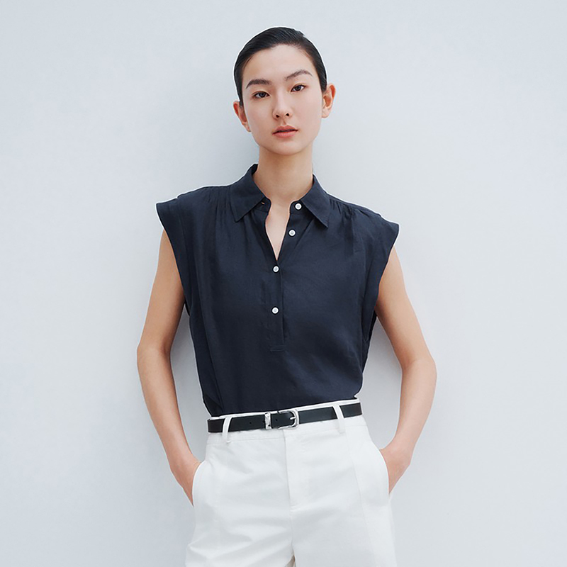 Ariose Casual Style Sleeveless Shirt for Women, Summer Loose Fit, Slimming Effect, Turn-Down Collar, Linen Top for Commuting