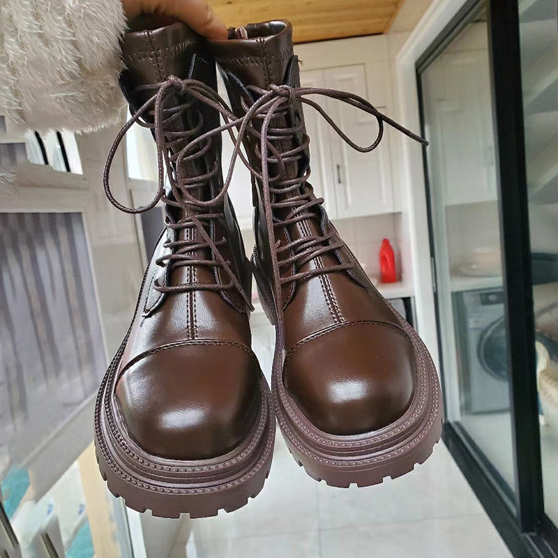 Thick base early winter Martin boots brown 2021 summer new plus thin - lean street soft leather tide