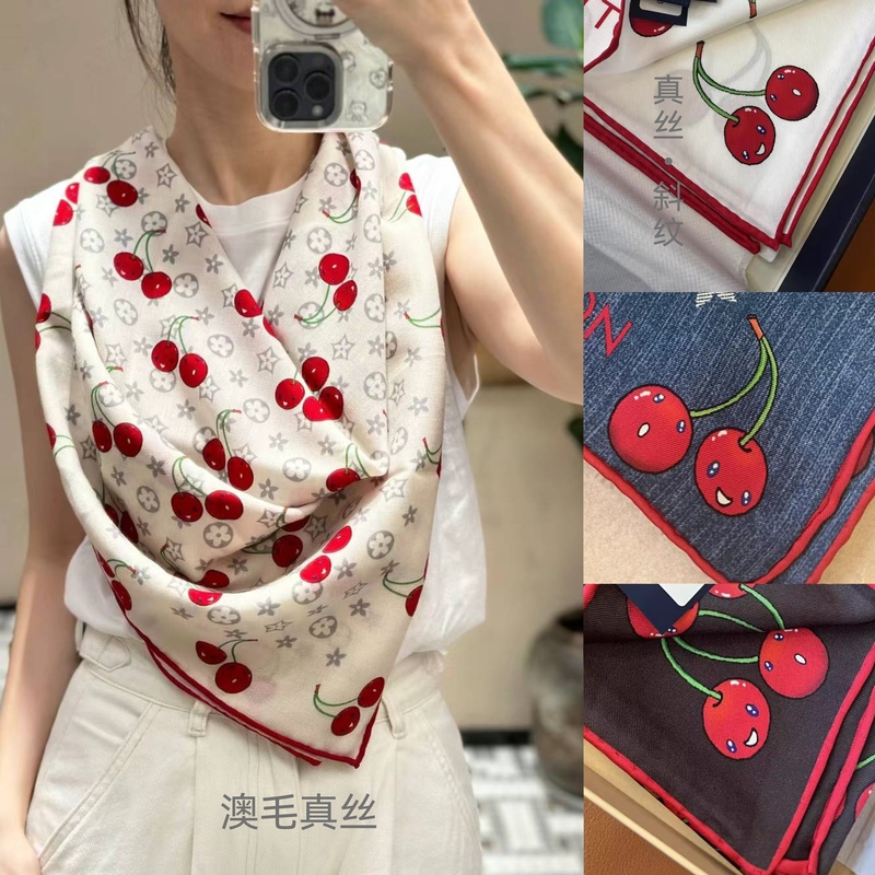 Ouyang Nana's Same Style Silk Twill 18mm Double-Sided Printed 90 Square Scarf Cherry High-End Tube Top Scarf Shawl