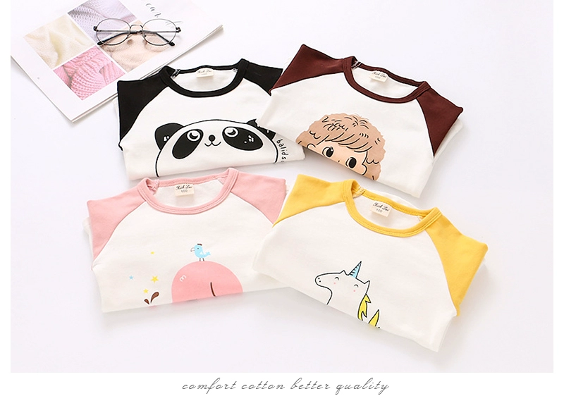 Bé gái hoạt hình cotton màu cổ tròn tay dài áo thun xuân hè cho bé mặc áo mỏng mỏng sơ mi chạm đáy áo phông thu đông bé gái đẹp