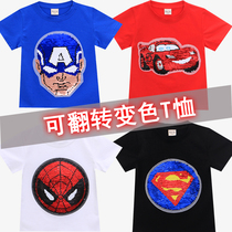 Boy pure cotton mesh red colour changing sequin 2022 new short sleeve T-shirt Summer thin Children boy cartoon T-shirt