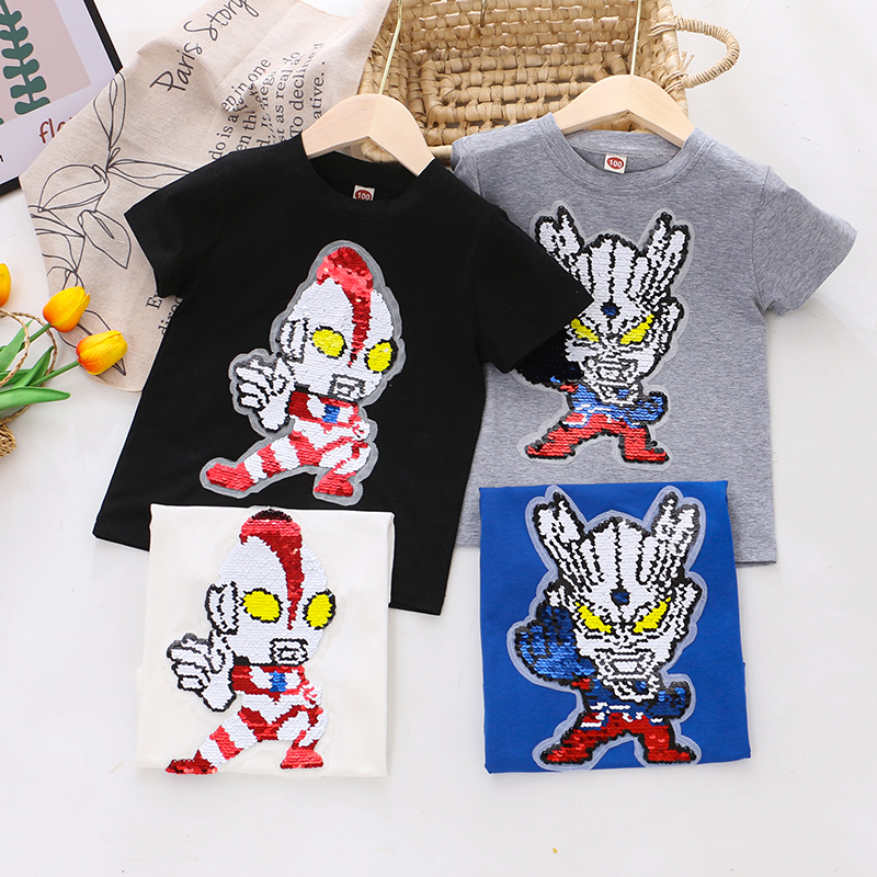 Boys' Pure Cotton Color-Changing Sequin Short-Sleeved T-Shirt 26 Summer Kidsren's Clothing Little Boy Ultraman Half-Sleeved Bottoming Shirt