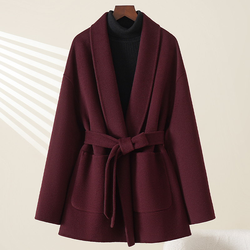 2026 New Style Lafite Red Double-Sided Cashmere Coat for Women with Green Fruit Collar, Elegant for Petite Figures, Autumn and Winter Woolen Coat 2026 New Style Lafite Red Double-Sided Cashmere Coat for Women with Green Fruit Collar, Elegant for Petite Figures, Autumn and Winter Woolen Coat
