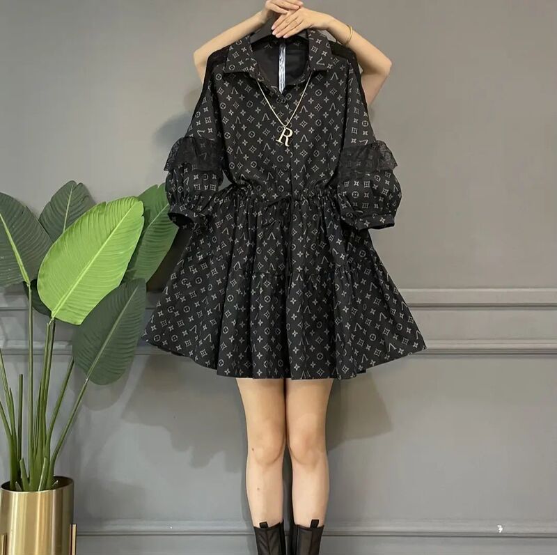 Korean Style Petite Shirt Dress for Women, 2026 Spring New Loose Fit Slimming Lace Lantern Sleeve Waist-Cinching Dress