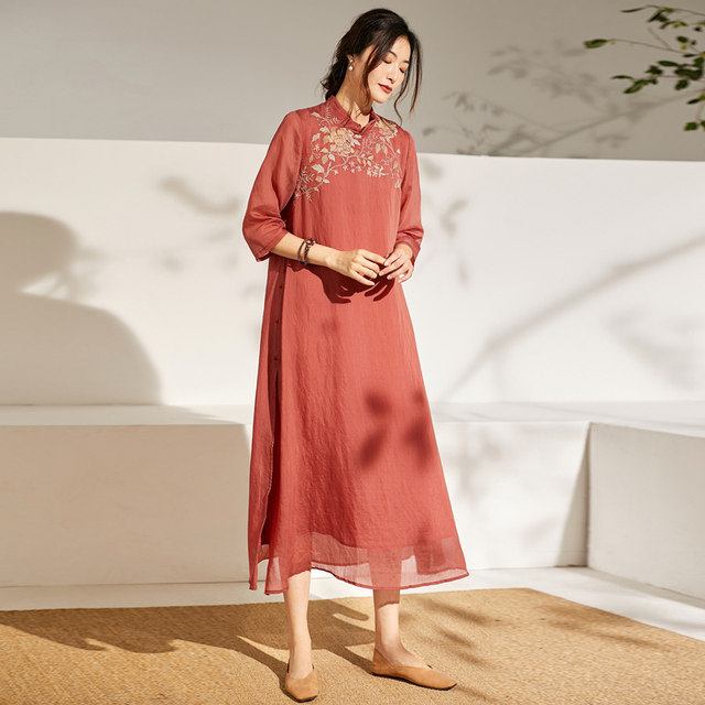 Sha Yunshi autumn new retro Chinese style cotton and linen dress ethnic style tea dress buckle embroidery linen long skirt