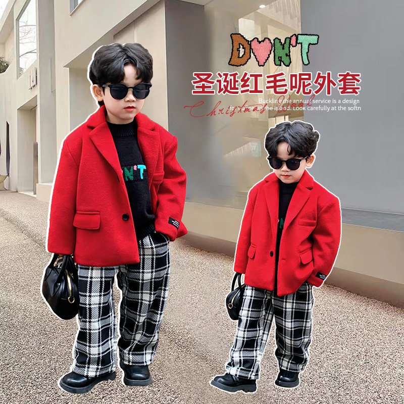 Children's woolen coat 2022 winter Korean style casual boy Christmas red suit coat baby foreign style woolen coat