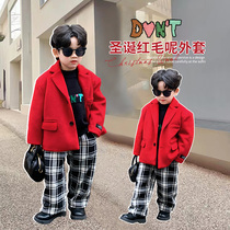 Childrens woolen coat 2022 winter Korean style casual boy Christmas red suit coat baby foreign style woolen coat