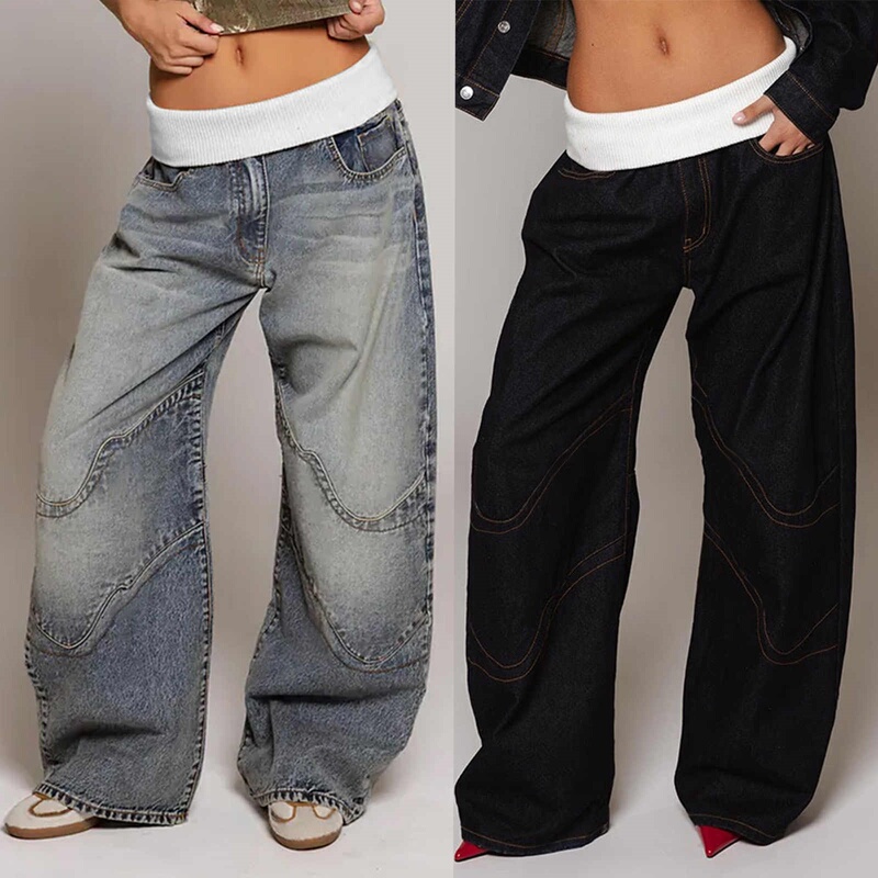 Cross-Border Ozon Foreign Trade American-Style Trendy Revice Denim Wide-Leg Long Pants with Ribbed Waistband and Embroidered Jeans