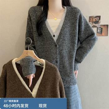 Plus size women's fashionable fake two-piece top korean style atmosphere wear fat girl color block v-neck buttoned knitted sweater