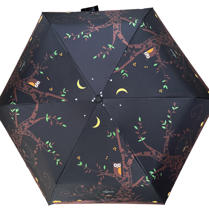 Pooky Owl Solid Color Uv Protection Sun Umbrella Compact Dual-Use for Sun and Rain Ultra-Light Black Coating Folding Sunscreen Umbrella