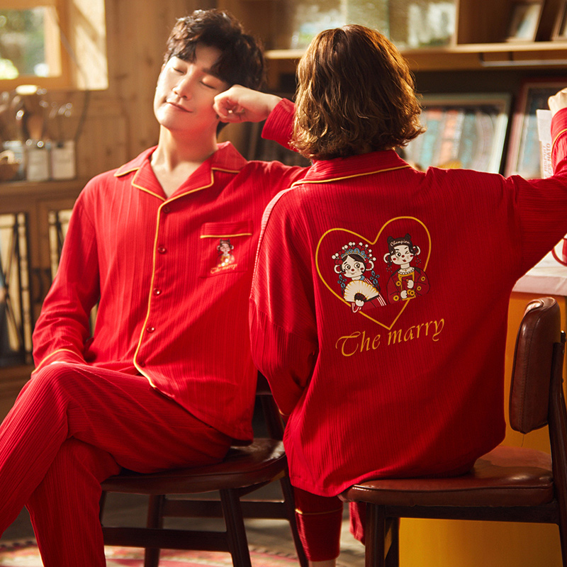 Spring and autumn couple pajamas long-sleeved cotton wedding festive red autumn and winter men and women home wear suit spring