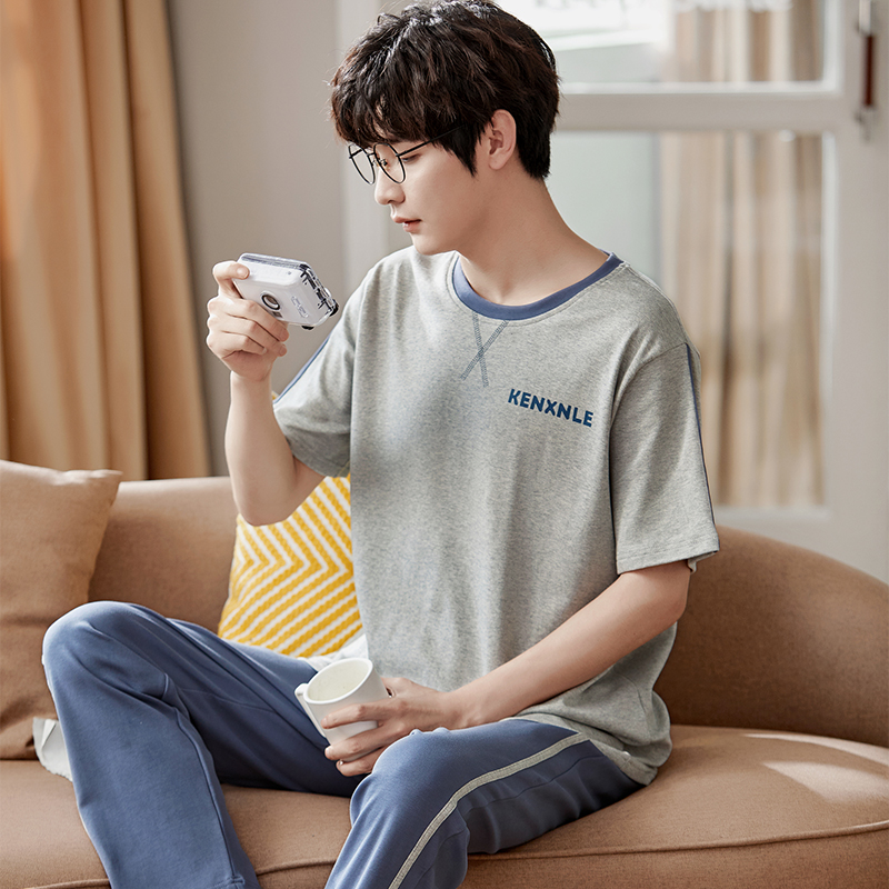 Pajamas men's summer cotton short-sleeved trousers thin casual men's pullover plus size spring and autumn cotton homewear suit