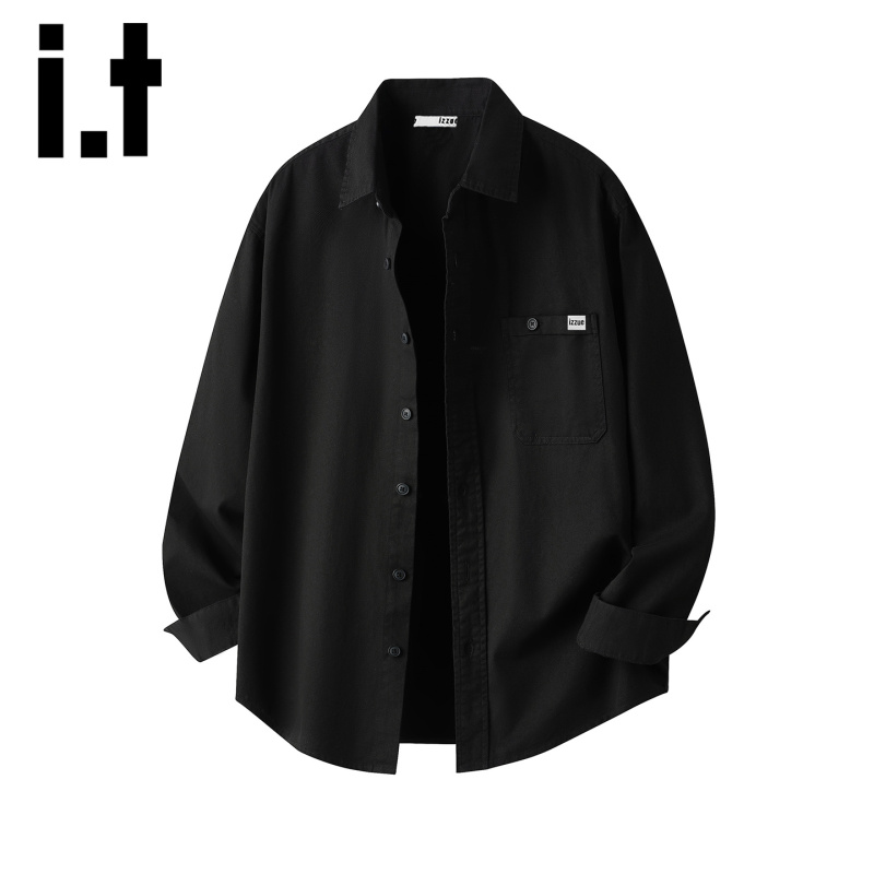 It Izzue American Casual Black Long-Sleeved Shirt Men's Loose Work Shirt Jacket Simple Pure Cotton Top Y It Izzue American Casual Black Long-Sleeved Shirt Men's Loose Work Shirt Jacket Simple Pure Cotton Top Y