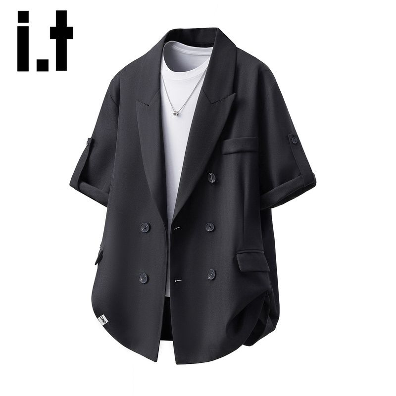 It Izzue High-End Double-Breasted Short-Sleeved Suit Jacket for Men, Summer Thin Casual Suit, Loose Men's Clothing Y