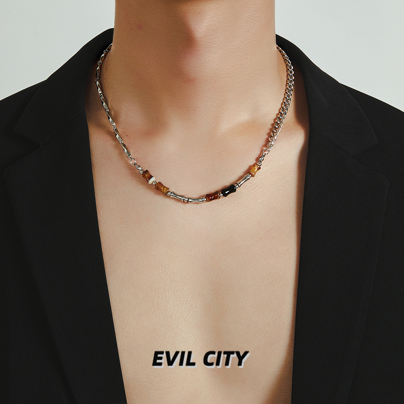 Extremely Evil City Agate Bamboo Joint Sterling Silver Necklace for Men, Niche Design Hip-Hop Choker, Retro Style High-End Clavicle Chain