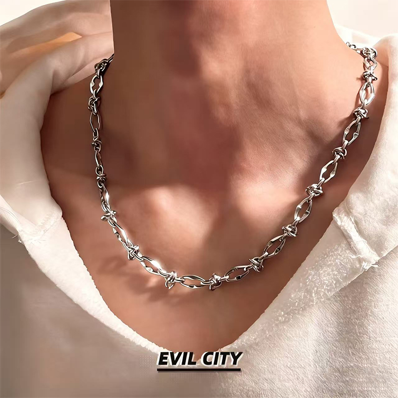 Extremely Evil Urban American Minimalist Street Style Knotted Thorn Sterling Silver Necklace for Men, Hip-Hop Trendy Unisex Neck Chain