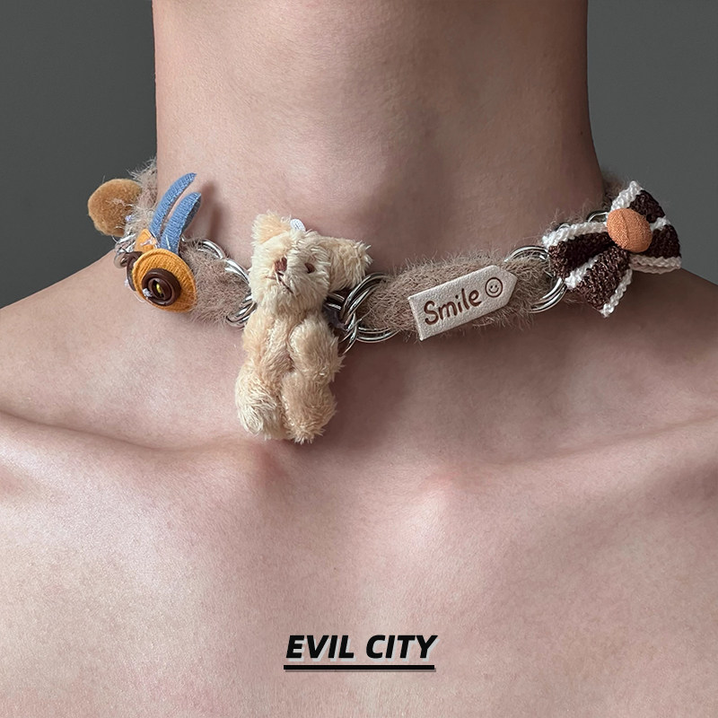 Extreme City Plush Bear Bow Cartoon Element Choker Necklace Cute Sweet and Cool Style Sterling Silver Necklace for Men and Women