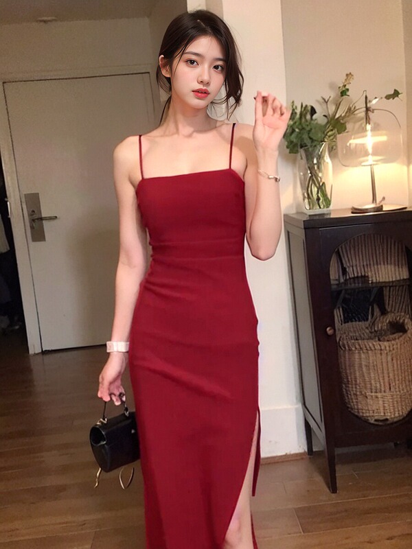 French Retro Red Suspender Dress for Women, New Summer Style, Waist-Cinching, Slimming, Elegant, Slit, Hip-Hugging Long Skirt