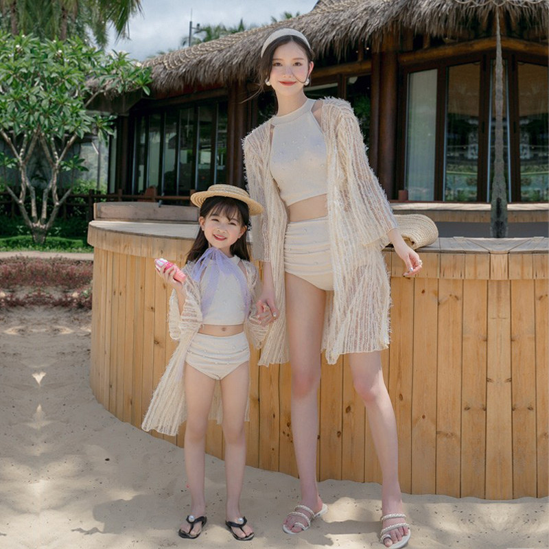 New Parenting Swimsuit Mother Girl Split White Sunscreen Shirt Three Sets Girl Girl Swimsuit Beach Bathing Suit 