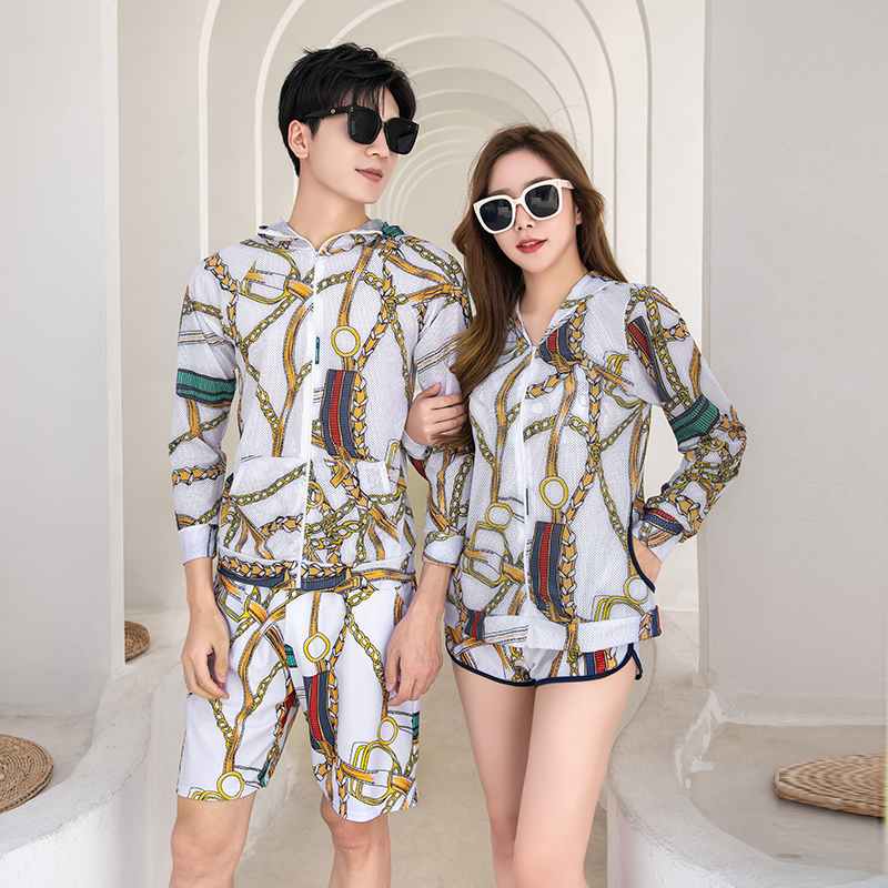 New couple swimsuit three-piece set split blouse sun protection long-sleeved boxer small chest swimsuit beach pants swimsuit