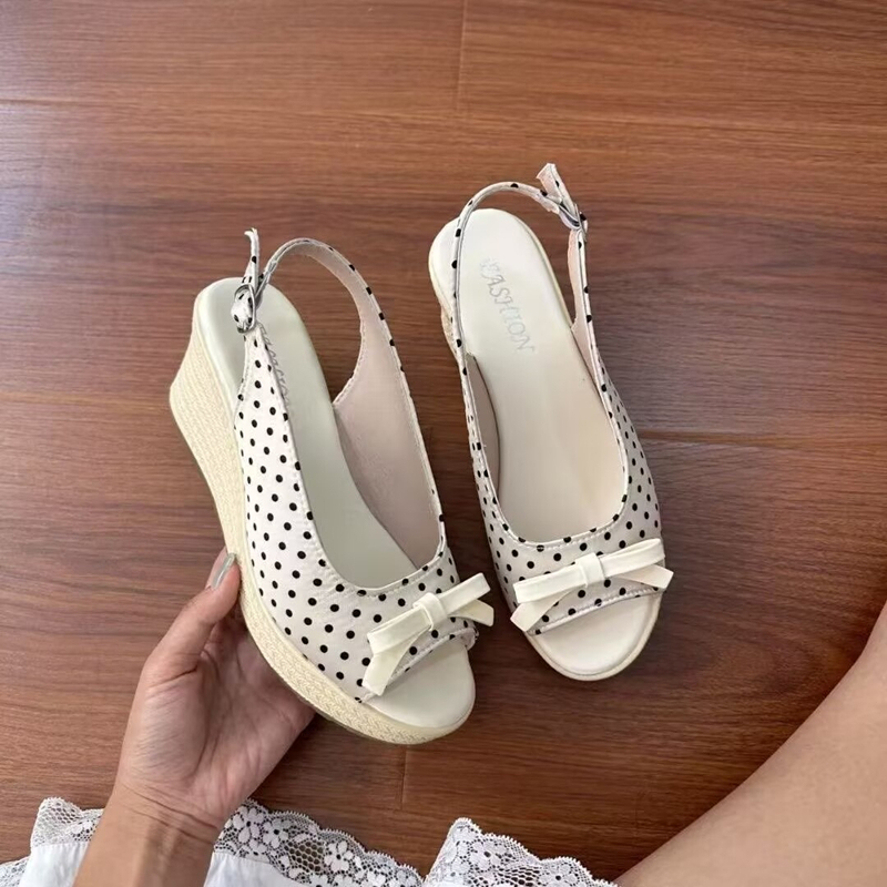 2026 Summer Bowknot Peep-Toe Platform Thick-Soled Hemp Rope Braided Sandals 7cm High Heel Wedge Beach Shoes