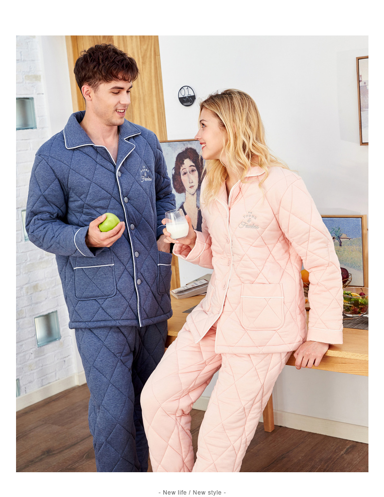 Cặp đôi đồ ngủ chần bông đậu đỏ mùa thu và mùa đông cotton dệt mờ nam và nữ dày ấm dịch vụ nhà pijama nam trung niên