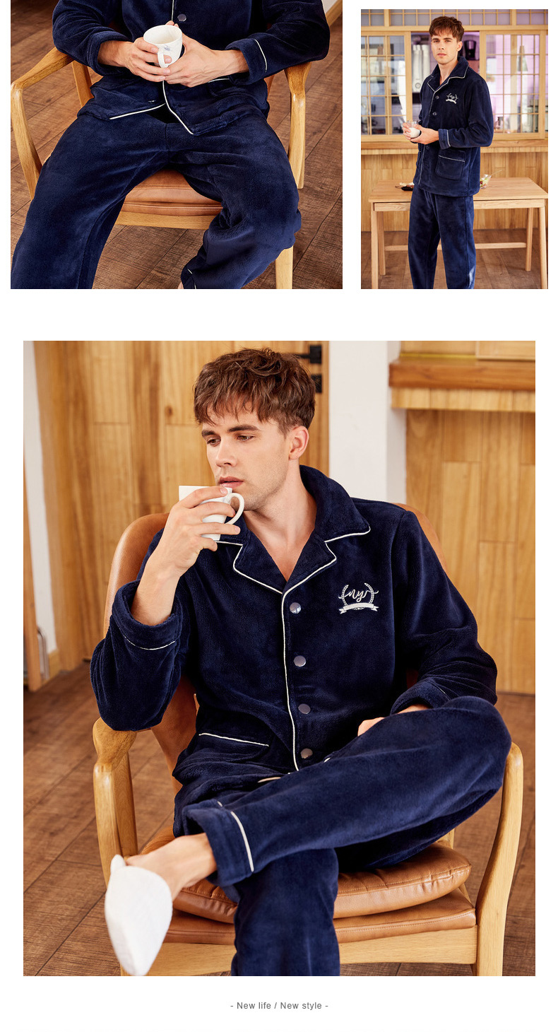 Bộ đồ ngủ bằng vải nhung san hô nam cardigan phù hợp với đậu đỏ mùa thu và mùa đông nhà Hàn Quốc phiên bản dày của flannel giản dị phục vụ nhà nam bộ pyjama trẻ em