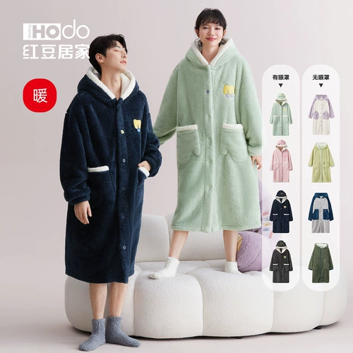 Коралловый бархатный банный халат с капюшоном, удерживающая тепло длинная утепленная пижама, для влюбленных