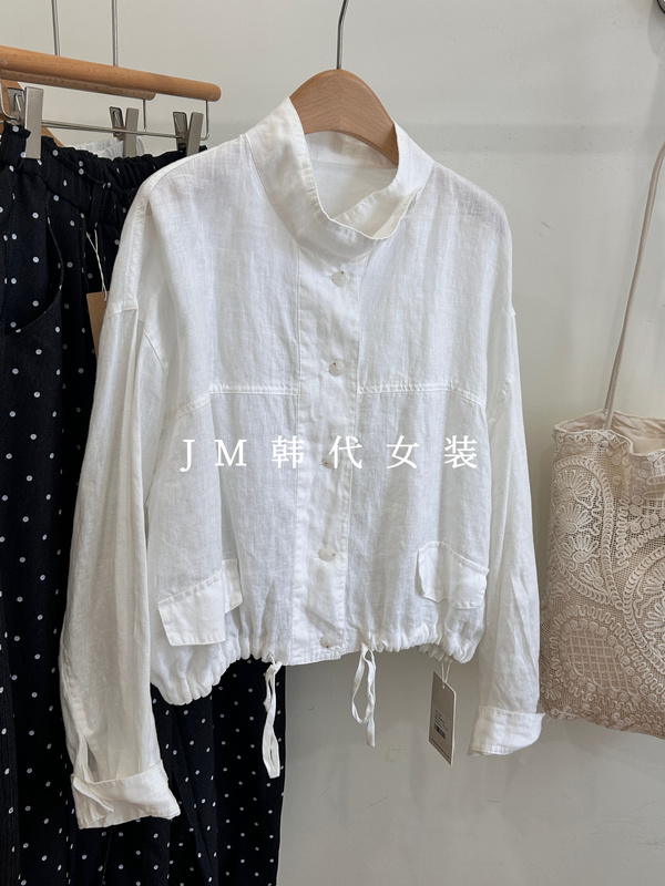 Jm Korean Women's Clothing Minimalist Spring and Summer Thin 100% Linen Short Stand Collar Long Sleeve Sun Protection Jacket Loose Short Top