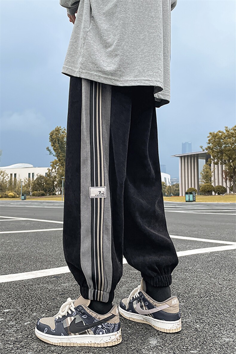 灯芯绒裤子潮ins高街男春秋季胖子大码美式侧边条纹束脚运动卫裤,男装休闲裤,电商C305A
