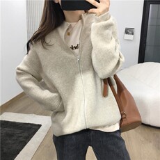 时尚百搭半高领拉链仿羊毛开衫显瘦修身长袖针织衫外套，女装针织衫/毛衣，雪真羊绒