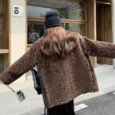皮毛一体棕色美拉德羊羔毛中长款女冬加厚外套宽松高级感时髦大衣，女装羊羔毛/颗粒绒，浙宝305