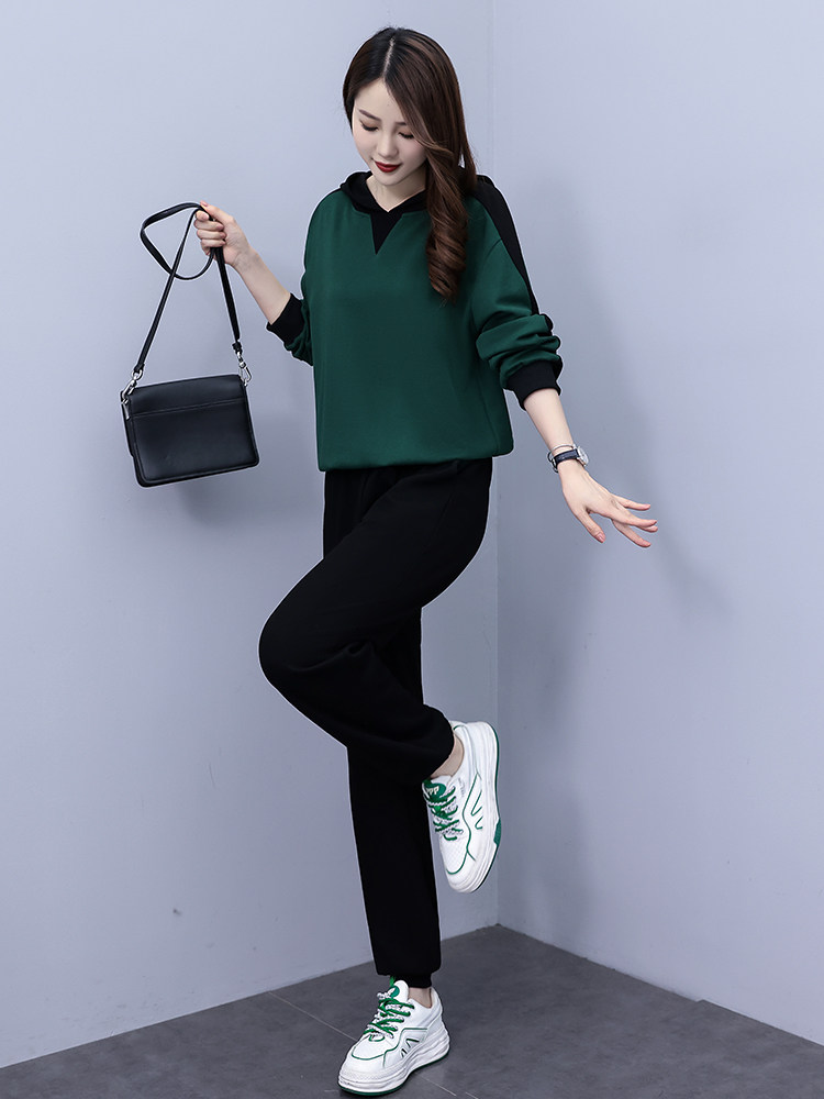 休闲运动卫衣套装女2023春秋新款洋气拼色翻领卫衣束脚长裤两件套,女装套装/套裙,凝聚力