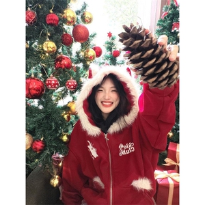 1506-1/MX3441/P63复古连帽加绒冬季新年圣诞穿搭上衣男女百搭图片