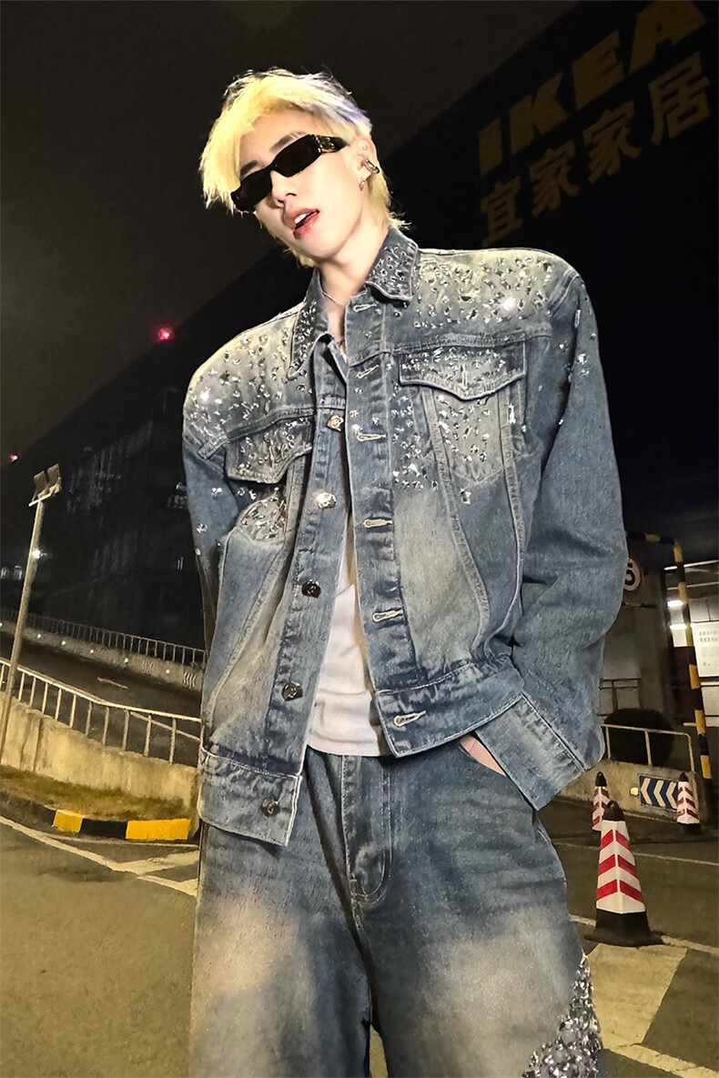 重工闪钻钉珠亮片牛仔外套镶钻上衣JK8883特P93牛仔裤KZ8883特P70,男装工装外套,星座908-1