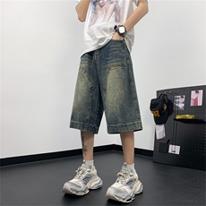 牛仔裤夏季拼接五分裤潮牌宽松中裤子2024港风新款D02577-P45，男装牛仔裤，星座308B-2