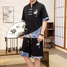 潮风套装男新中式短袖衬衫时尚休闲短裤两件套JZ307-P58，男装牛仔裤，星座310B-3