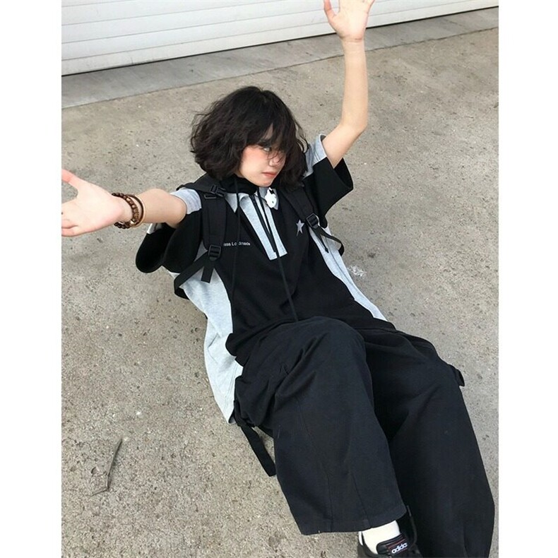 美式polo衫短袖男女夏季撞色拼接情侣T恤半拉链翻领宽松半袖上衣,男装T恤,星座506A