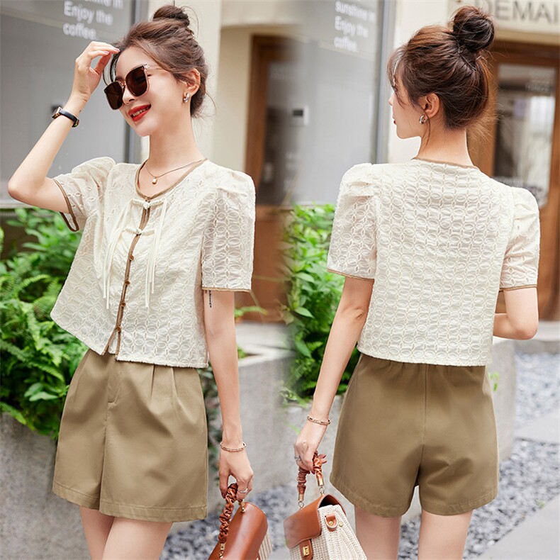 2023新款夏季新中式泡泡袖上衣配短裤套装，女装短裤/热裤，岚衣(原川流布茜）