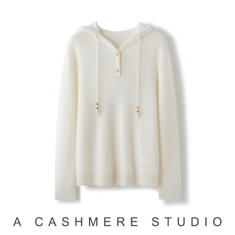 2026年秋季时尚百搭通勤简约休闲系扣帽衫，女装羊绒衫，致织羊绒
