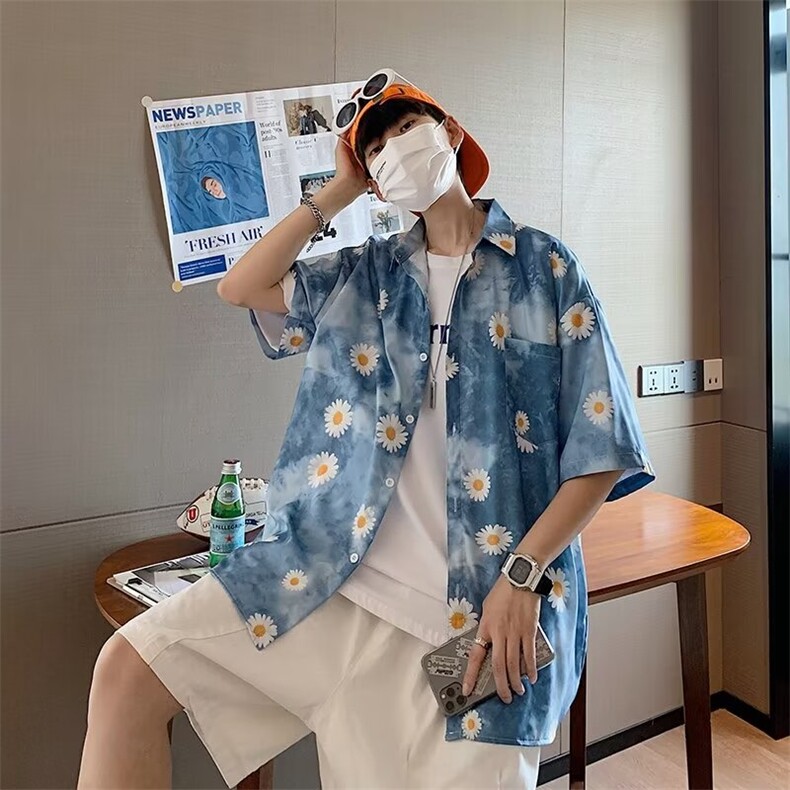 港风衬衫复古潮流慵懒宽松短袖上衣M327-P30,男装衬衫,星座1109-3