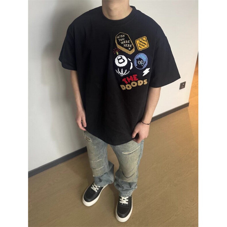 Q151/P41美式刺绣植绒徽章男女宽松情侣高街短袖T恤,男装T恤,星座1506