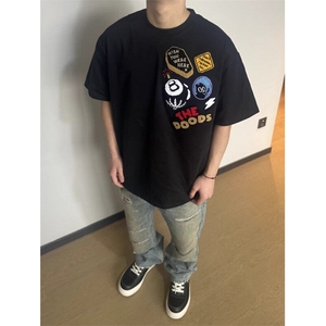 Q151/P41美式刺绣植绒徽章男女宽松情侣高街短袖T恤