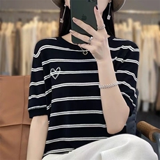 夏季条纹冰丝针织短袖上衣女圆领洋气减龄宽松显瘦T恤半袖上衣潮，女装针织衫/毛衣，萱芳婷羊绒