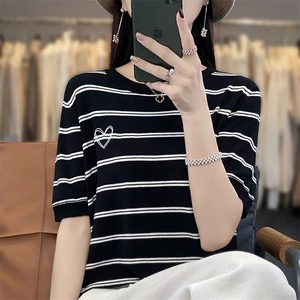 夏季条纹冰丝针织短袖上衣女圆领洋气减龄宽松显瘦T恤半袖上衣潮图片