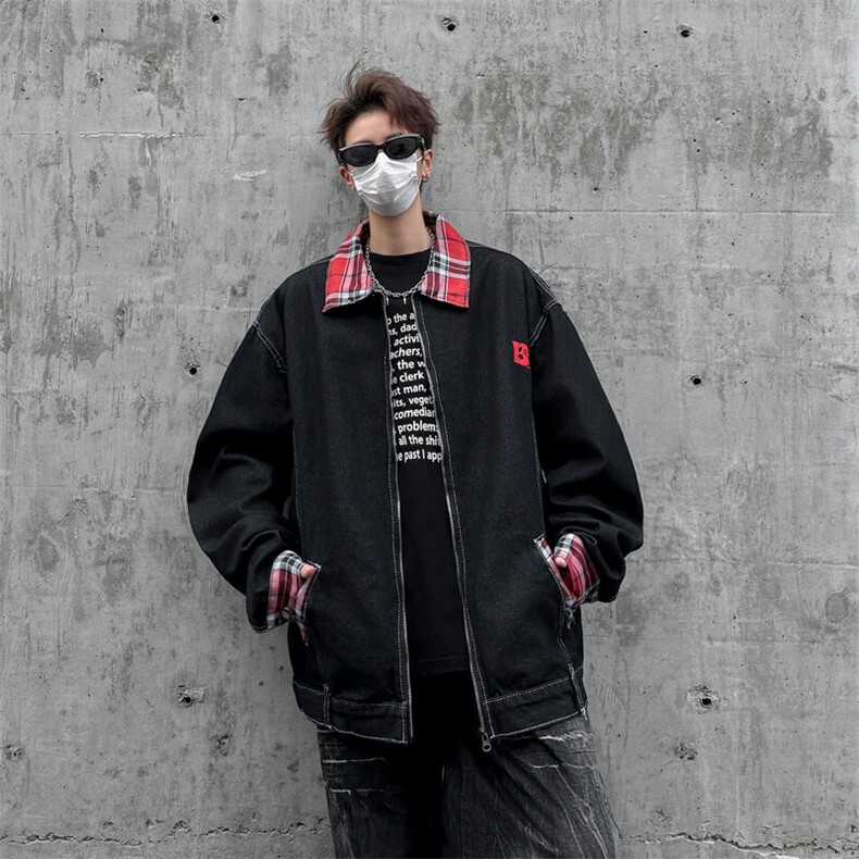 潮牌格子撞色翻领牛仔外套男女同款春秋季情侣夹克上衣JK03365,男装夹克,星座308B-1
