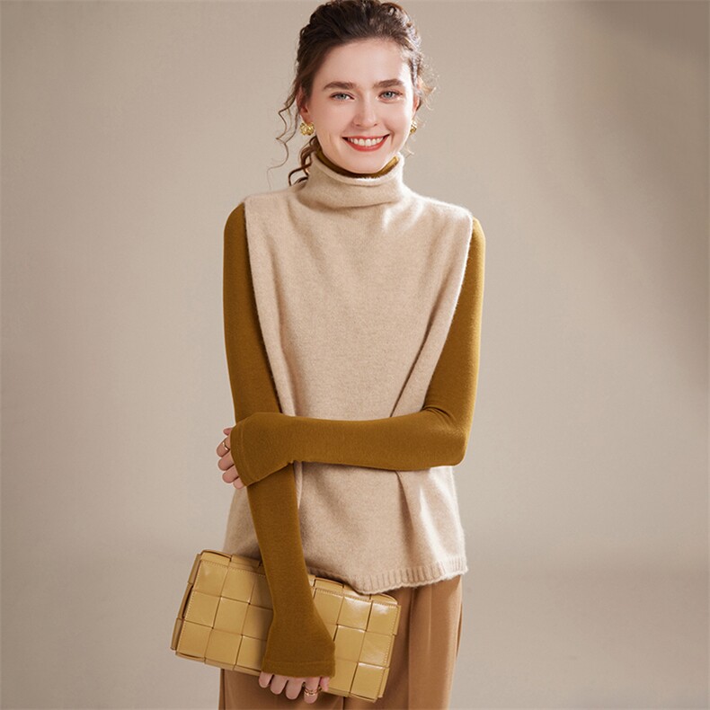 2024秋冬新款山羊绒女士卷边立领羊绒背心马甲，女装马甲，镁纯羊绒