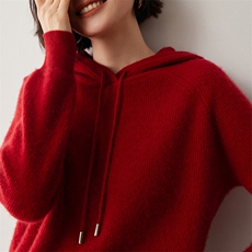 高端软糯山羊绒帽衫女毛衣秋冬套头宽松加厚连帽卫衣针织打底上衣，女装羊绒衫，蒂暖羊绒